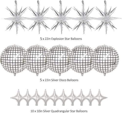 Image of 20pcs 22Inch Silver Disco Ball Ballons, 4D Large Foil Balloons with Metallic Star for 70s Disco Dance Birthday Graduation New Year (Silver Star /Disco Ball 20pcs)