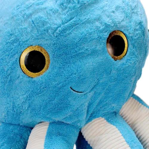 BEMIRO Octopus Kuscheltier XXL - 130 cm Groß (Tentakeln Gestreckt), 60 cm Sitzend, Gelbe Glitzer Augen, Gestickter Mund, Mit Schlaufe, 4 Farben: Gelb, Rosa, Lila und Blau (blau)