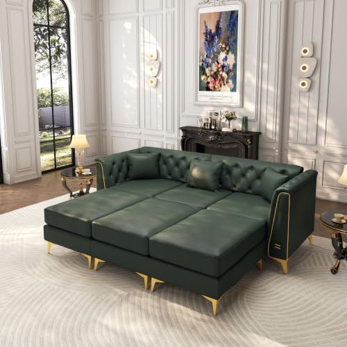Image of KEIKI 82 inch Faux Leather Chesterfield Sofa with Handmade Button Tufted, Green