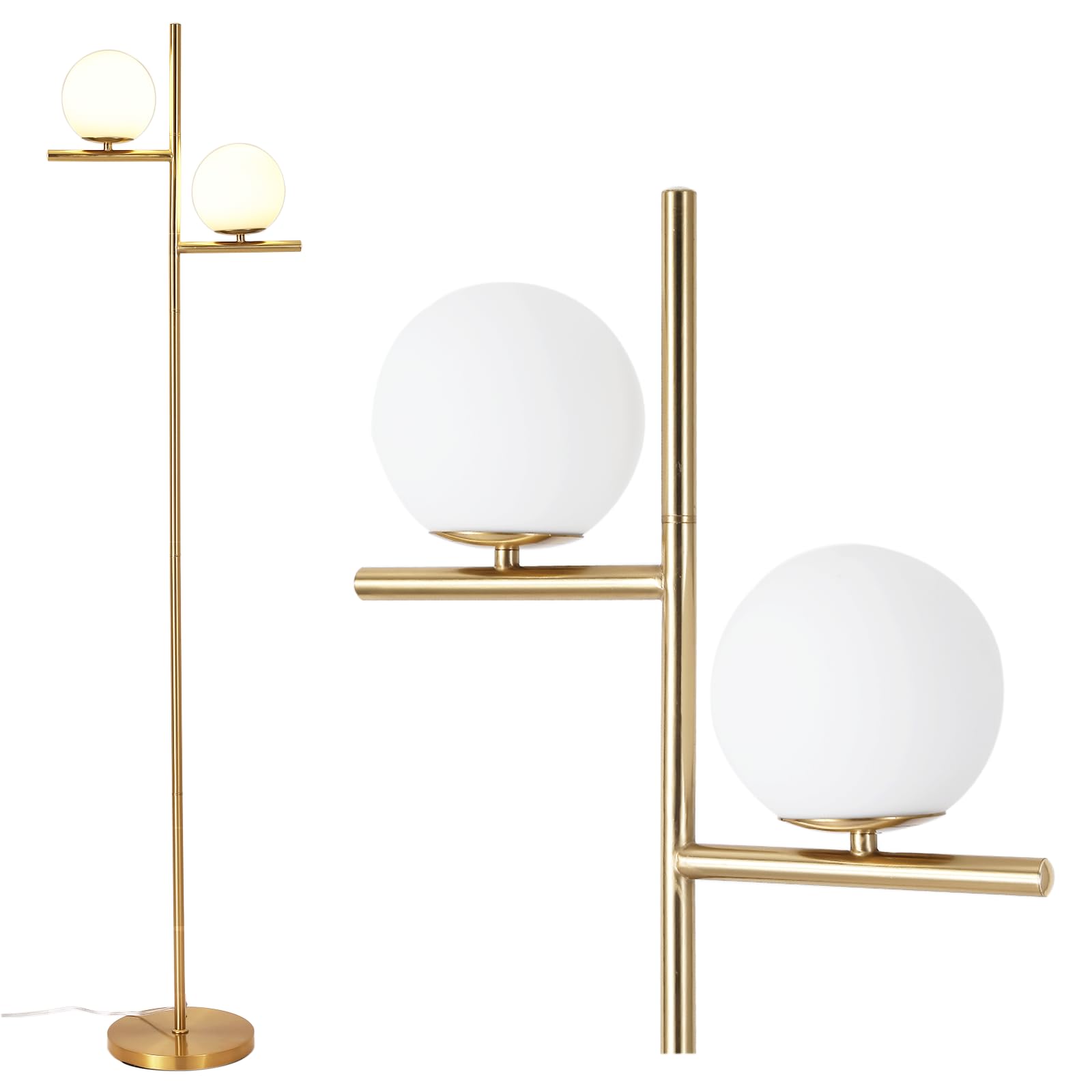 2 Globe Mid Century Modern Gold Floor Lamp,Living Room Floor Lamp,Brass Floor Lamp with Frosted Glass Shade, Contemporary Standing Tall Pole Lamp for Bedrooms,Office