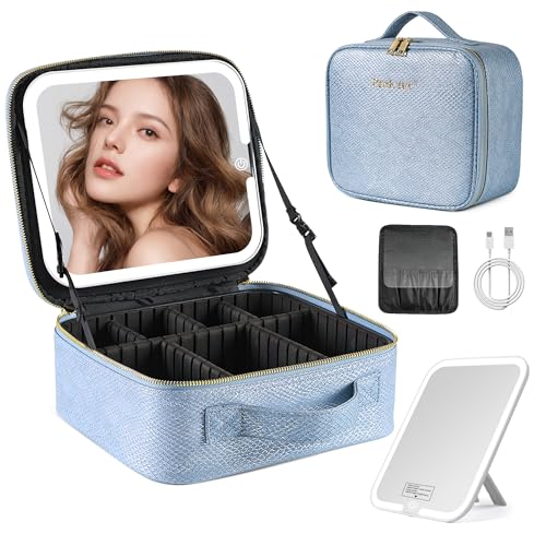PRALENA Portable Travel Makeup Bag with Mirror and Light - 3 Colors,Adjustable Brightness Spacious Cosmetic Organizer,Mermaid Shine Blue