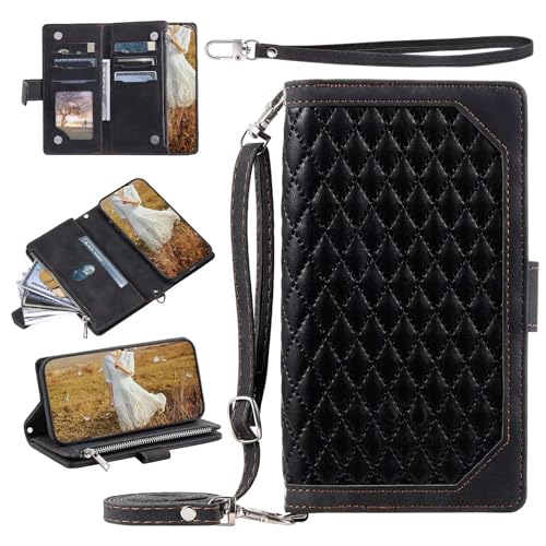 FMPCUON Funda Compatible para Motorola Moto E5 Plus, Cascarón con Ranura para Tarjeta y Bolsillo con Cremallera, Funda de Cuero para Teléfono Tipo Billetera con Soporte Magnética, Negro