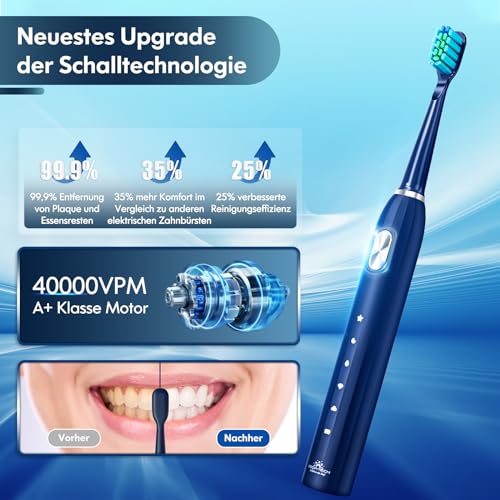 Elektrische Zahnbürste, Schallzahnbürste für Erwachsene und Kinder Electric Toothbrush mit 5 Putzmodi Integrierter Timer und 9 Zahnbürstenköpfen Ultraschall Zahnbürsten (Blau) – Bild 3