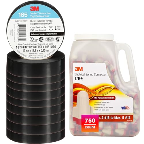Image of Bundle of 3M Temflex Electrical Tape 165, Black, 3 /4 in x 60 ft, 10 Roll Pack + 3M Performance Plus Wire Connector T /R+JUG, Tan /Red, Flexible Steel Spring Connectors, Jug of 750, 22-8 AWG