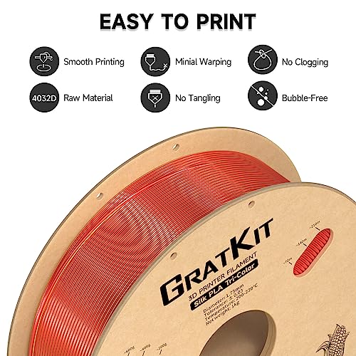 Image of Gratkit Silk Tri-Color PLA Filament,Coextrusion PLA Filament 1.75mm, + /-0.03mm, 1KG /Roll, Silk PLA Red & Gold & Black