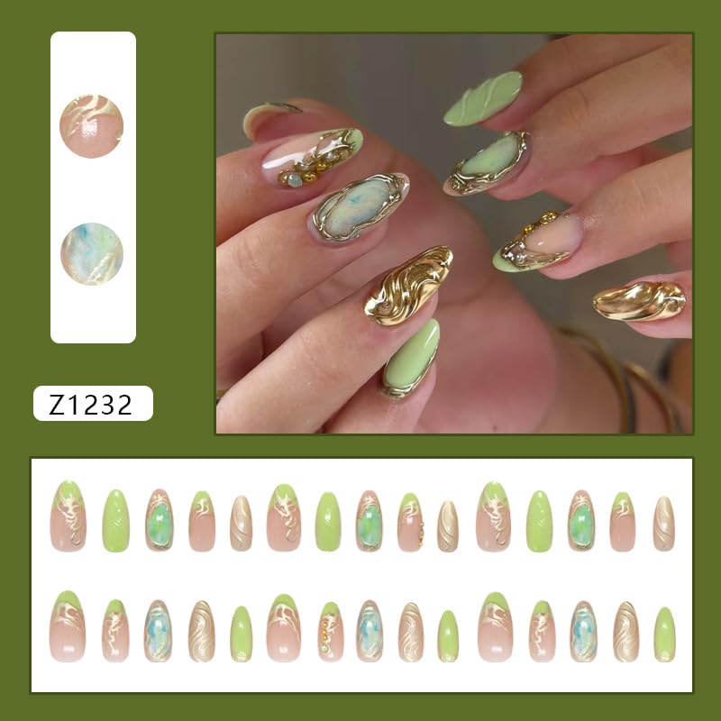 Gilding Light Green Press on Nails - 30Pcs Acrylic Design