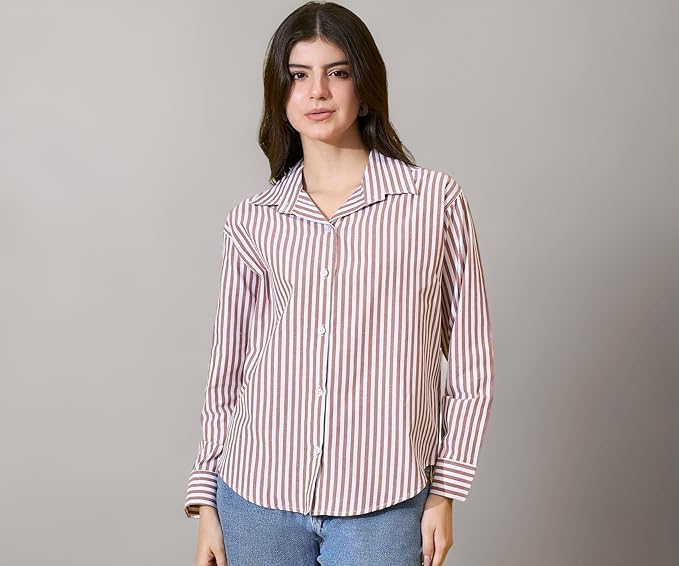 Image of Womens /GirlsClassic Lining Shirt for Women Cotton | Women's Striped Style top | Full Sleeve, Relaxed fit, Button-Down Casual Shirt for Girls & Women