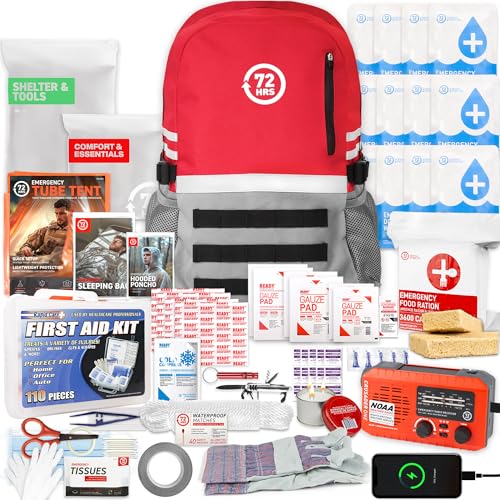 Earthquake Kit - 72 HRS Deluxe Emergency Survival Kit, Heavy Duty 72 Hour Bag Survival Kit for Earthquake, Hurricane, Tsunami - Includes Emergency First Aid Kit, Water, Food (1 Person Red)