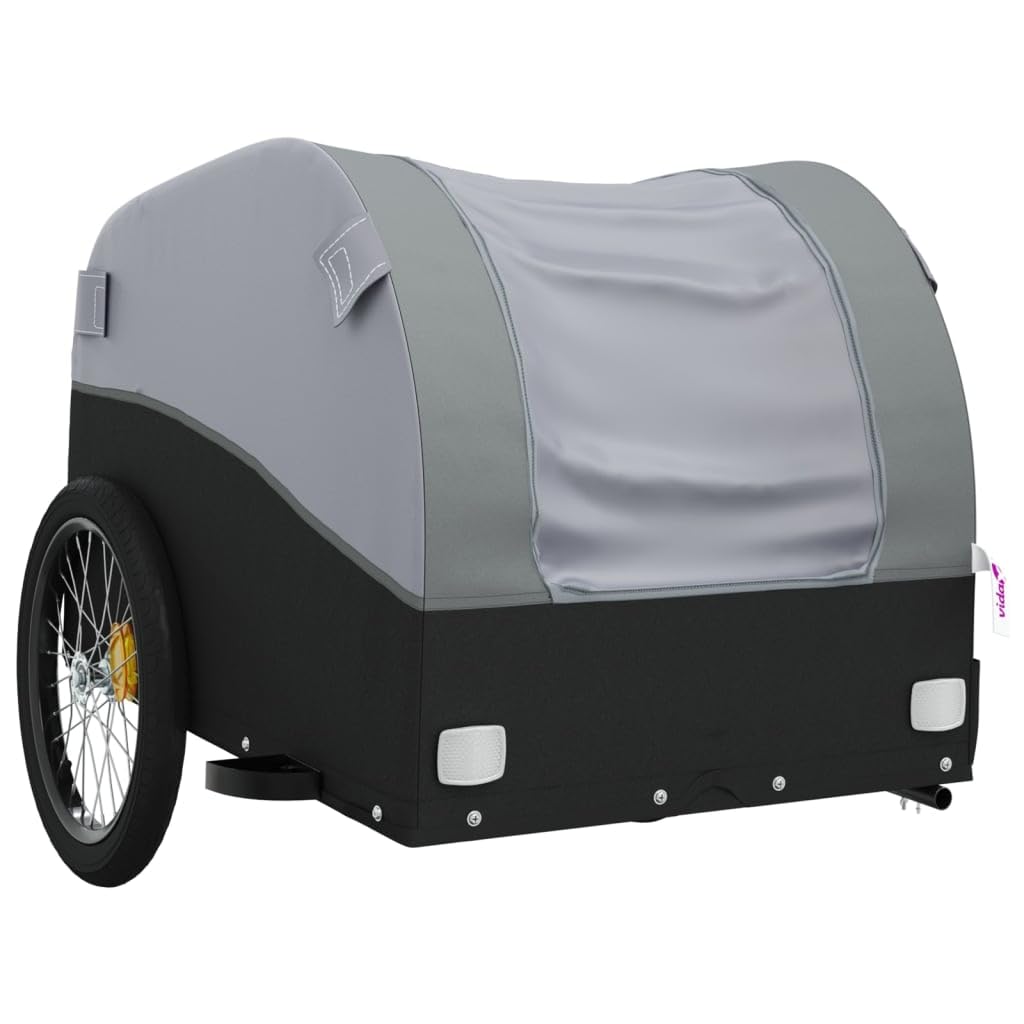 Przyczepa rowerowa, czarna i szara, wykonana z wytrzymałego żelaza, nośność 30 kg, koła 29 cm, sprzęgło dyszowe, flaga bezpieczeństwa, składana, do transportu bagażu, dzieci, psów