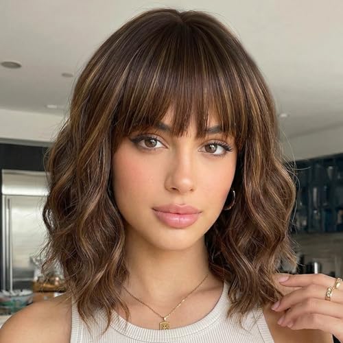 Image of AISI HAIR Curly Bob Wig with Bangs Short Wavy Toasted Brown Wigs for Women Bob Style Synthetic Heat Resistant Bob Wigs