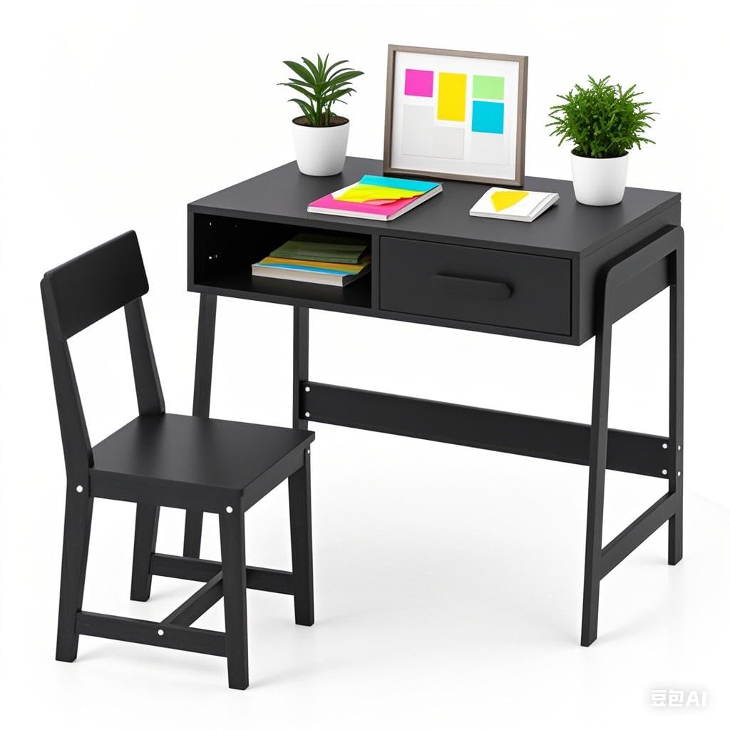 LIFEZEAL Kinderschreibtisch Stuhl Set, Holzschreibtisch mit Schubladen & Ablage, Kindersitzgruppe für Zuhause und Schule, Studenten-Schreibtisch Holz für Jungen & Mädchen (Schwarz)