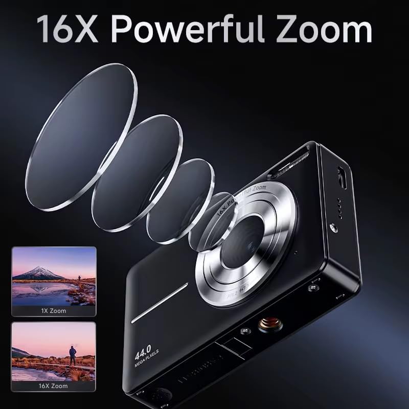 Miniatura 8 de Cámara digital para niños, cámara para niños de 44 MP para niños y niñas con tarjeta de 32 GB, zoom de 16X, luz de relleno, antivibraciones, FHD