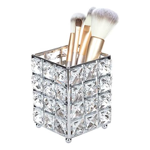 Feyarl Crystal Silver Makeup Brush Holder Makeup Brush Organizer Pen Pencil Holder Storage Cosmetics Tools Container Cover