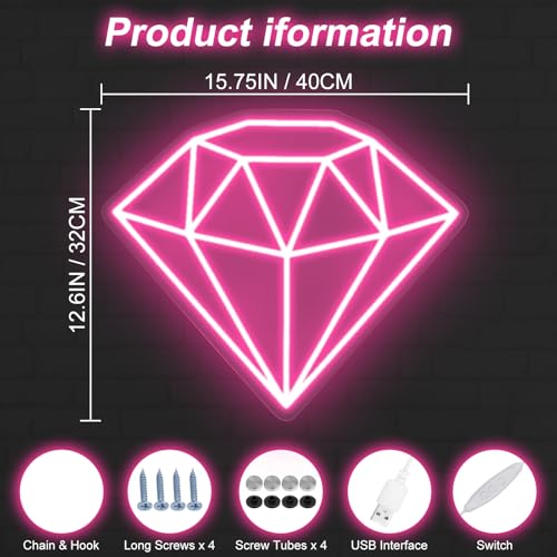 Image of Pink Diamond Neon Sign for Bedroom Wedding Bar Romantic Glam Wall Decor | Pink glow symbolizes love, confidence, and celebration, ideal for bedrooms, weddings, parties, bars, and glam spaces