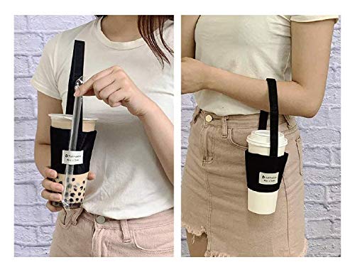 Image of Portable Hands-Free Coffee & Boba Cup Carrier Strap & Straw Loop (Black) | Tainada Eco Friendly Foldable Hot & Cold Drink Carrier for Take Out; Ideal for Walking & Shopping; 1 Coaster Included