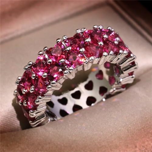 925 Sterling Silver Shiny Full Diamond Gemstone Ring 18K Gold Heart Cocktail Ruby Cubic Zirconia Ring CZ Diamond Multi Row Rings Eternity Engagement Wedding Party Ring for Women Z.135 (US Code 7)