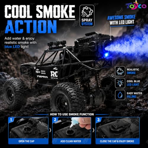 Image of toyco Rechargeable Remote Control Car Toy - Alloy Rock Crawler with LED Smoke Effect and Anti-Slip Tyres| 1:18 Scale | Off-Road RC 2WD Monster Truck Gift for Kids Boys and Girls Age 4-12+ (Black)