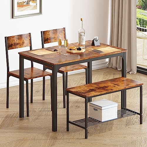 Soges Juego De Mesa De Comedor Para 4 Personas, 110cm Juego De Mesa De Cocina Para 4, 2 Sillas Con Respaldo, Banco Para 2 Personas Con Estante De Soges Juego De Mesa De Comedor Para 4 Personas, 110cm Juego De Mesa De Cocina Para 4, 2 Sillas Con Respaldo, Banco Para 2 Personas Con Estante De