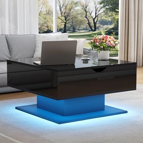 BENMWS Mesa de centro con ascensor hidráulico, 80 x 75 x 40 cm, mesa de salón con espacio de almacenamiento, espacio de almacenamiento semiabierto, mesa de café geométrica, negro