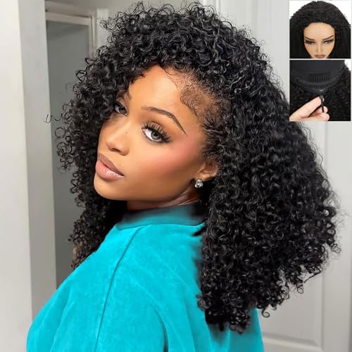 Tkekrw Kinky Curly Half Wig Fiber Blend Human Hair 18 Inch 200 Density 3 In 1 Drawstring Seamless Flip Wigs Wear Go Glueless Headband Wig Natural Black for Women Beginner Friendly