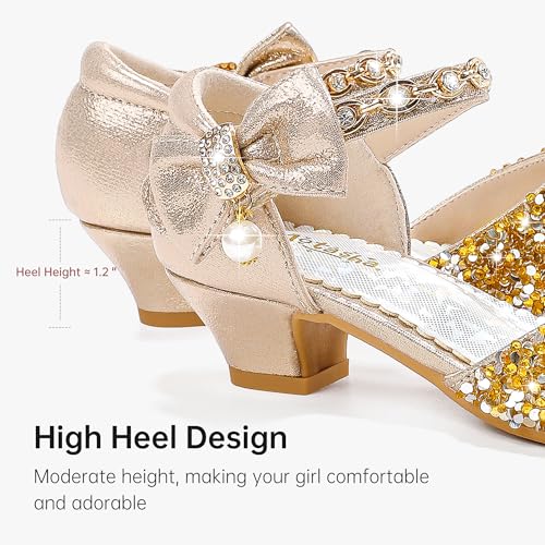 Image of Motasha Sparkly Girls Dress Shoes Kids High Heels Toddler to Big Kid | Glitter Closed Toe, Rhinestone Bow Straps, Hook-and-Loop Closure, Low Heel, Anti-Slip Outsole for Wedding Birthday Parties