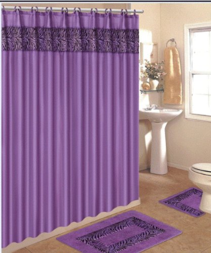 WPM 4 Piece Bath Rug Set / 3 Piece Purple Zebra Bathroom Rugs with Fabric Shower Curtain and Matching Mat/Rings