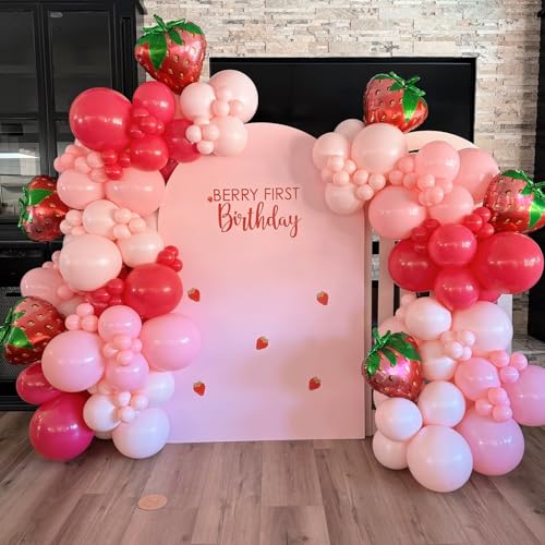 Image of 142 Pcs Strawberry Balloon Garland Arch kit,Red,Pink,Light Pink,Strawberry Foil Balloon for Berry First birthday Decorations,Baby shower,Strawberry Party Decorations