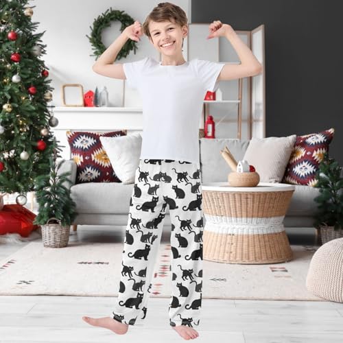 Boy's Pj Pants Black Cats Stare Somewhere Lounge Bottoms Elastic Waist Kids Joggers with Pockets Size 6-142