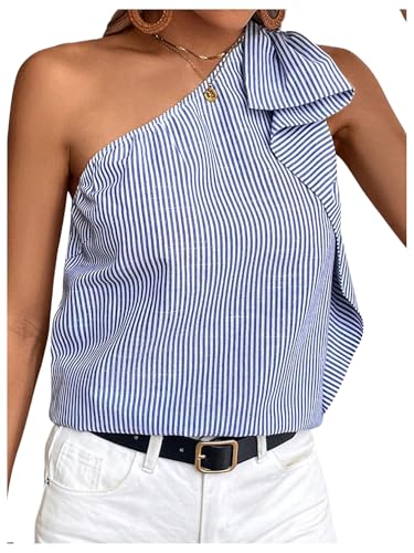 OYOANGLE Women's Striped Ruffle Trim One Shoulder Tank Top Sleeveless Tunic Blouse