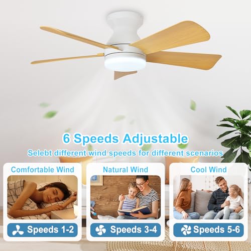 Image of Depuley Modern Ceiling Fan with Light: 35-Inch White Small Fans for Bedroom Indoor Outdoor - Dimmable Low Profile Ceiling Fans with Remote Control Flush Mount 5 Reversible Wood Blades 6 Speeds Timer