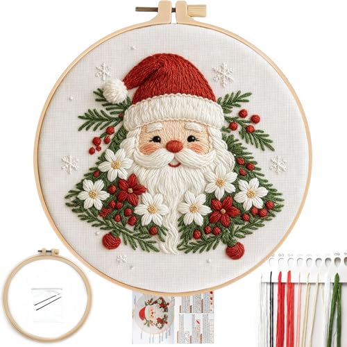 FONNUY Cute Christmas Embroidery Kit for Beginners Festive Winter Pre-Printed Pattern & Supplies Set for Adults DIY Handmade Needlepoint Kits Wall Art 8 Hoop (Santa Claus)