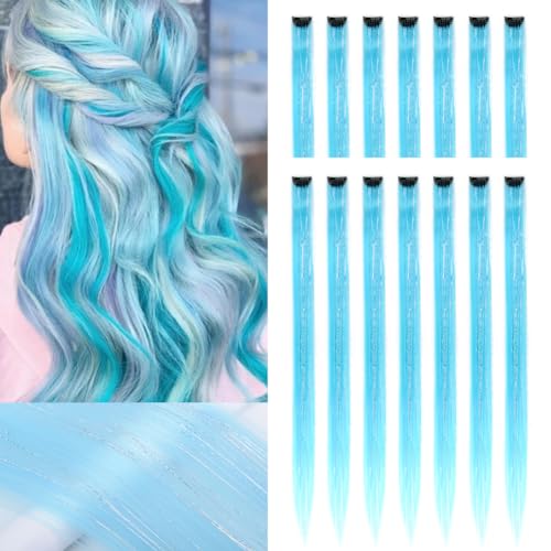 ZIRANJUAN 22 inch Light Blue Tinsel Hair Extensions 14 PCS - Clip-in Glitter Synthetic Hair for Costume Parties, Girls (14 PCS Light Blue)