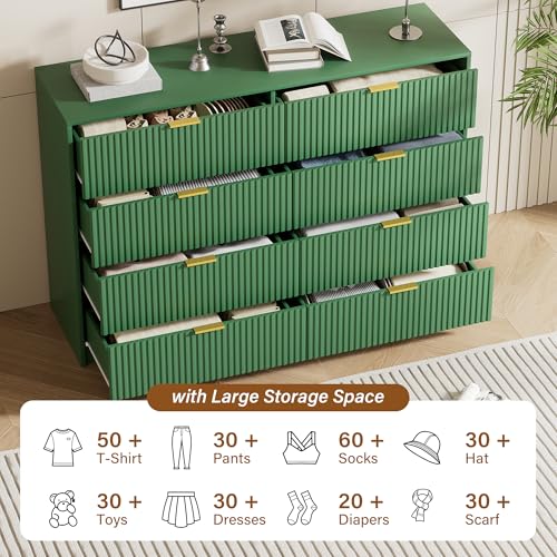 Image of Furniway Green Dresser Bedroom Set 3 Pieces, Nightstands Sets of 2, 8 Drawer Dresser with Gold Handles for Bedroom