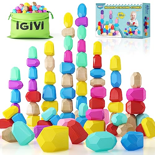 Image of IGIVI Montessori Toys Rainbow Wooden Stacking Toys for Toddlers 1-3, 42 Natural Wood Blocks, Early Learning Sensory Toys for Toddlers, Birthday Gifts Toys for 2-4 Year Old Boys & Girls