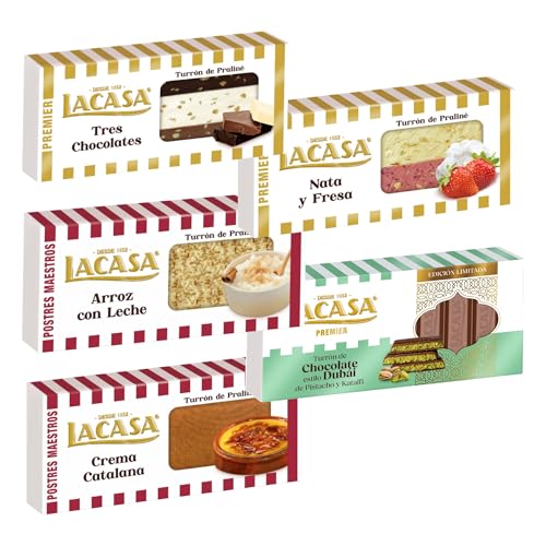 Pack Surtido 5 Turrones Lacasa:Arroz con Leche, Crema Catalana, Nata y Fresa, Tres Chocolates, Chocolate estilo Dubai con Pistacho y Kataifi