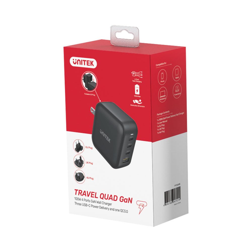 UNITEK CARGADOR TRAVEL QUAD GAN 4 PUERTOS 100W CON USB PD Y QC 3.0 EN NEGRO