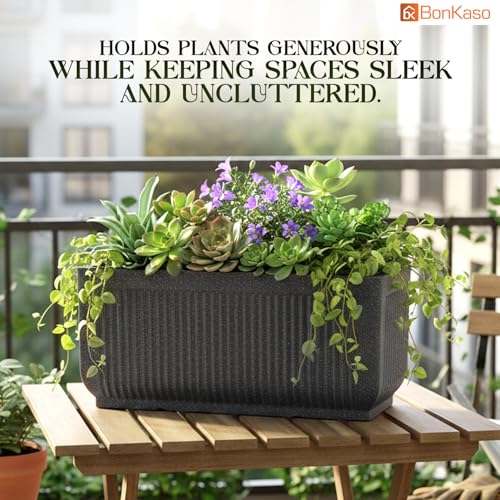 Image of BonKaso 24 Inch Window Planter for Indoor & Outdoor | Heavy Duty Durable Polymer Flower Pot Gamla | Lightweight Rectangular Modern Planter for Balcony, Terrace, Living Room & Office Decor (Dark Grey)