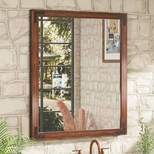 TETOTE 30 x 36 Walnut Wooden Mirror for Bathroom Wall/Bedroom/Living Room/Entryway Farmhouse Rustic Bathroom Vanity Mirror Brown Waterproof (Horizontal/Vertical Mounted)