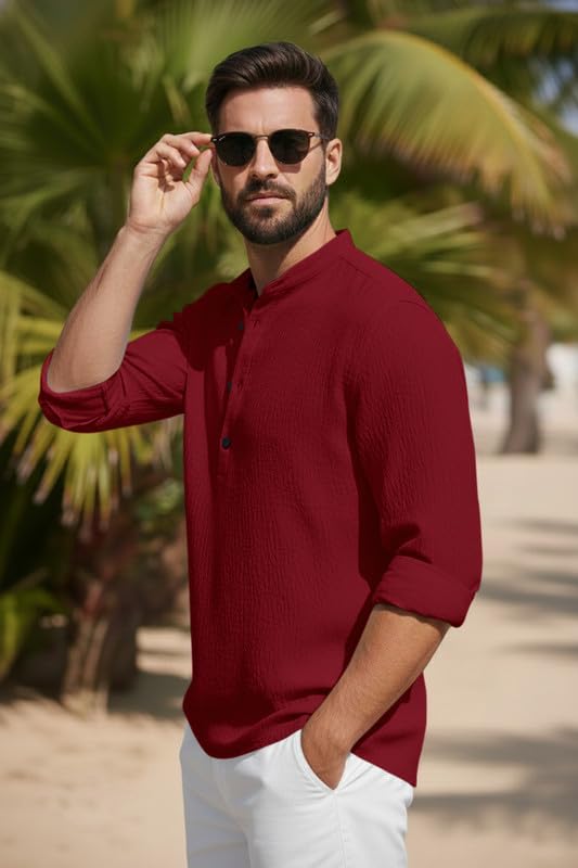 Image of Men's Cotton Blend Short Kurta with Collared Neck Full Sleeves Solid Pattern Western Style Regular Fit and Standard Length