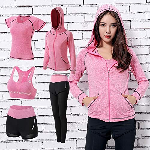 TIAN Yoga clothes, quick-drying clothes, casual spring and summer fitness running five-piece suit, breathable comfort, opaque, suitable for running/yoga,Pink,S