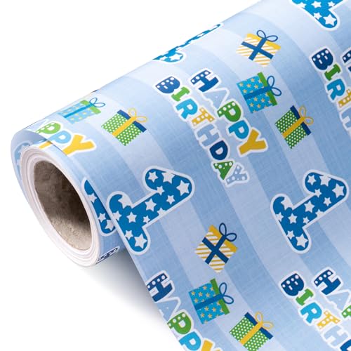 WRAPAHOLIC 1st Birthday Wrapping Paper - Mini Roll - 17 Inch x 9.8 Feet - Blue Happy Birthday Wrapping Paper for Boys Kids Baby Shower Party Holiday