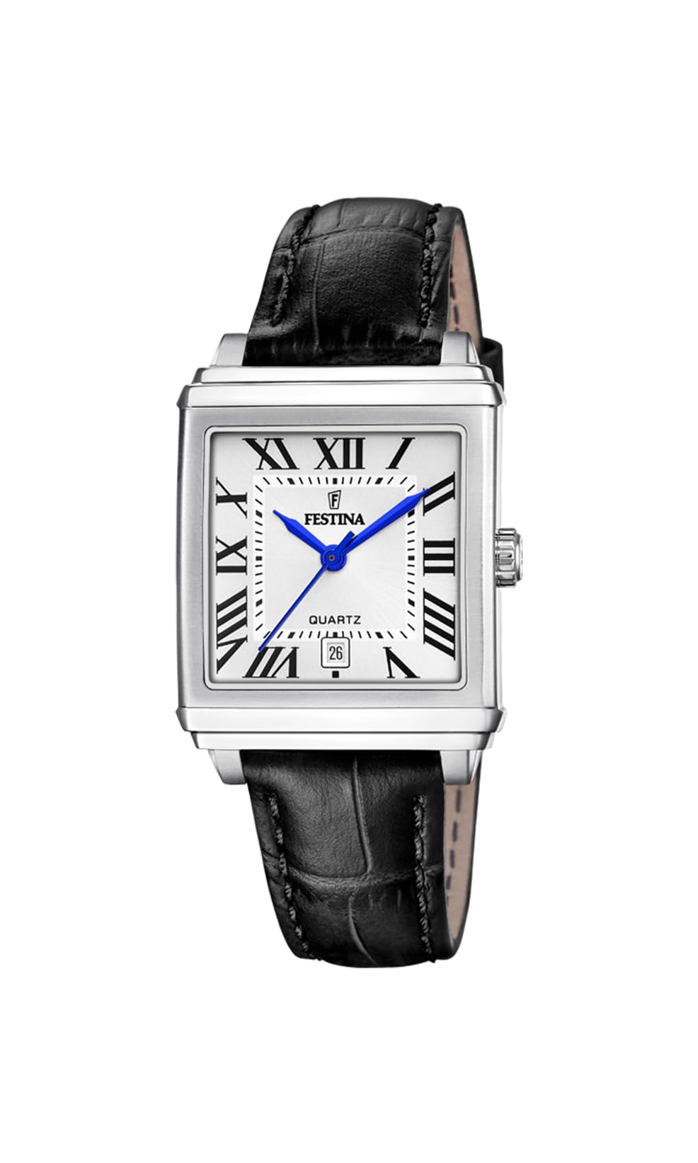 Festina F20682/3 Women's Square Watch – Silver Dial, Black Leather Strap, Date Black,Silver