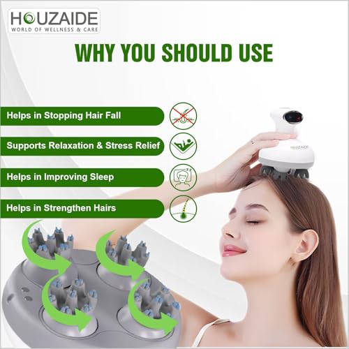 Image of HOUZAIDE Waterproof Electric Head Massager Machine with Advanced EMS Red Light Therapy for Hair Growth, Dense Hair, Hair Fall Control and Deep Clean | Holi gift options