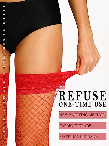 Image of SUREPOCH Lace Top Fishnet Thigh High Stockings Silicone Top Stay Up Tights for Women
