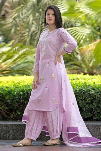 Image of Women's Cotton Embroidered Straight Kurti with pant and Dupatta Set