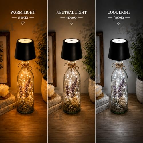 Image of ANKRI Wireless Bottle Lamp LED 3 Colour Light Battery Desk Dimming Night Light Indoor Portable for Cafe Restaurant Home Living Room | 15 cm | Black | Long Lasting Battery