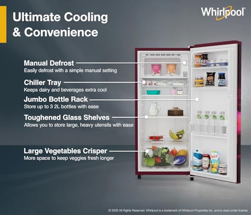 Image of Whirlpool 184 L 2 Star Direct-Cool Single Door Refrigerator (205 WDE PRM 2S WINE SERENA-Y, Red, 2026 Model)