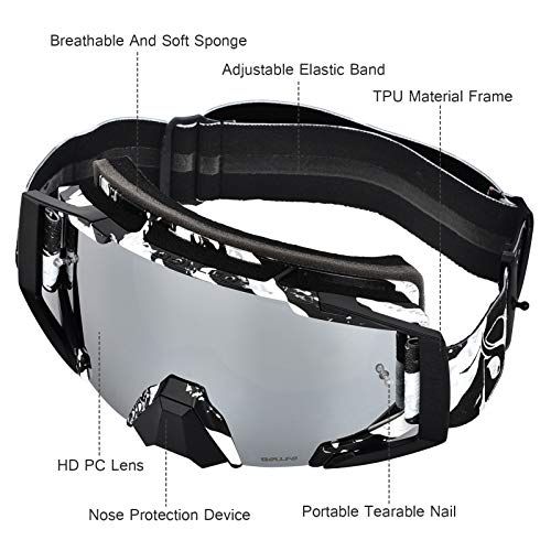BOLLFO Motorcycle Goggles Motocross ATY Dirt Bike Goggles Anti-UV Safety Protective Anti Fog Tactical Goggles for Cycling Riding Climbing Skiing (Black+White Frame Silver Lenses)
