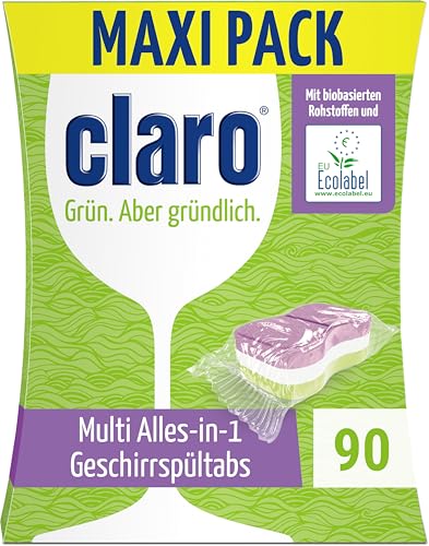 claro Multi All-in-1 Geschirrspül-Tabs - 90 Spülmaschinen-Tabs - phosphatfrei umweltfreundlich & vegan - wasserlösliche Folie