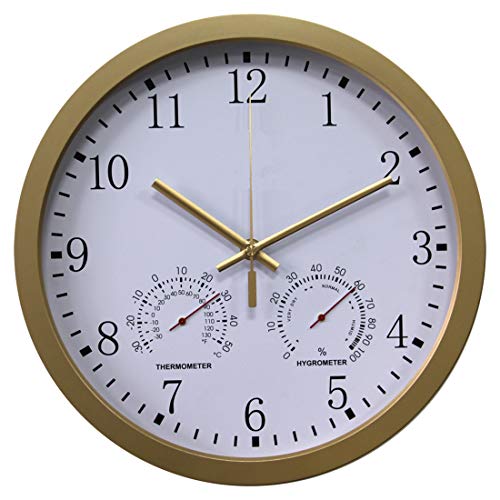 Yavso Wanduhr Funk Funkuhr Lautlos Funkwanduhr mit Thermometer und Hygrometer, 30cm (Gold) Cover